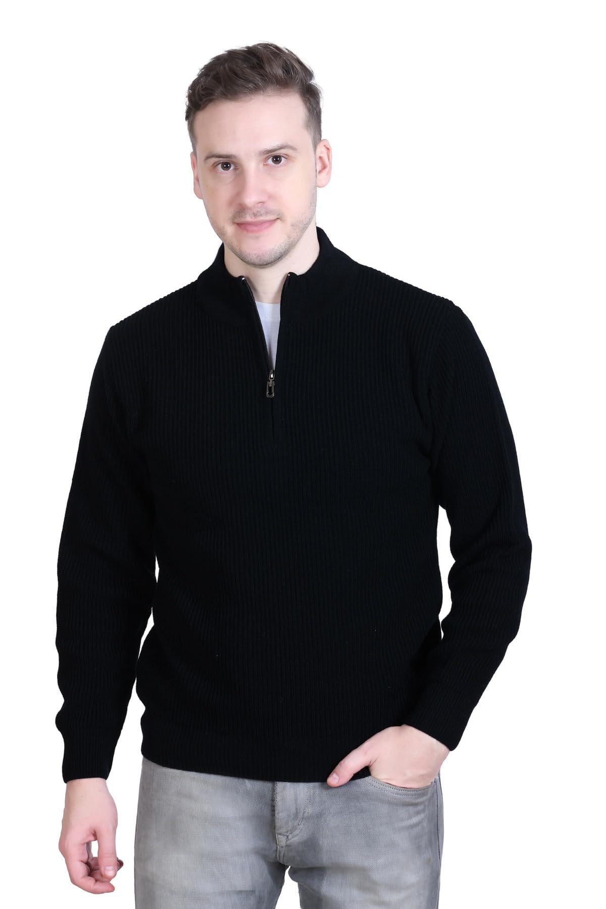 Full Sleeve Half Zip Round Neck Woollen Sweater for Men-image-6