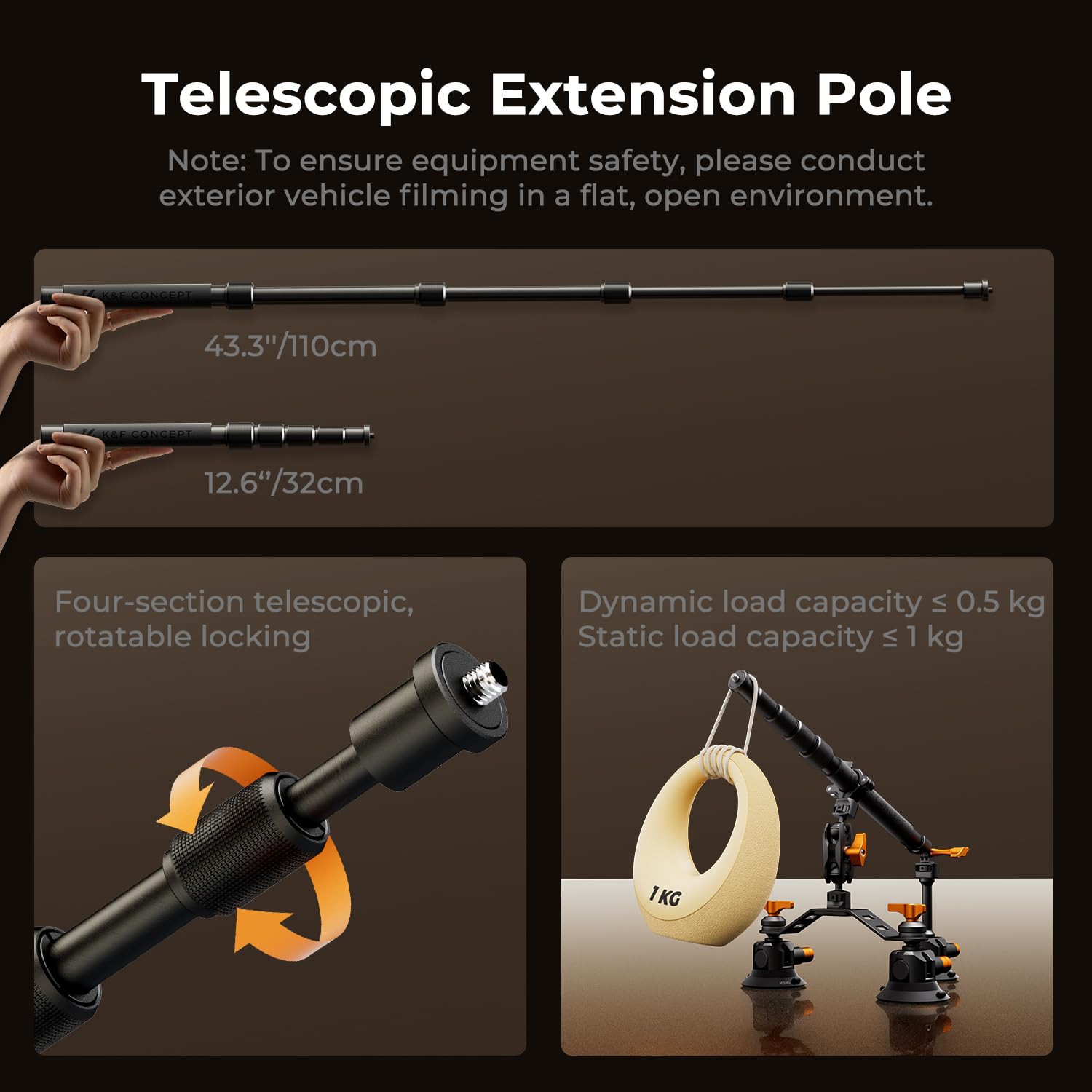 K&F CONCEPT Supporto Fotocamera Auto con 3 Ventose da 3” e Braccio Magico 360° – Asta Telescopica Regolabile – Supporto a Ventosa Stabile per GoPro, Insta360, Smartphone – Accessori Video per Auto