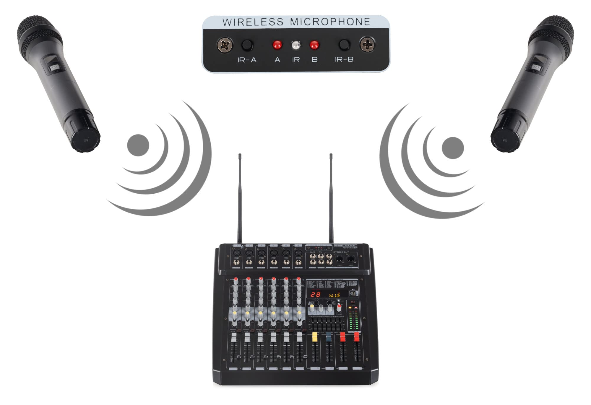 Pronomic Powermake 600 Powermischer - 6-Kanal-Mischpult - 2 UHF-Funkmikrofone - 760 Watt RMS-Leistung - 24Bit Multi-Effekt-Prozessor - Bluetooth®/USB-Player/Recorder - Grafischer Equalizer - Schwarz