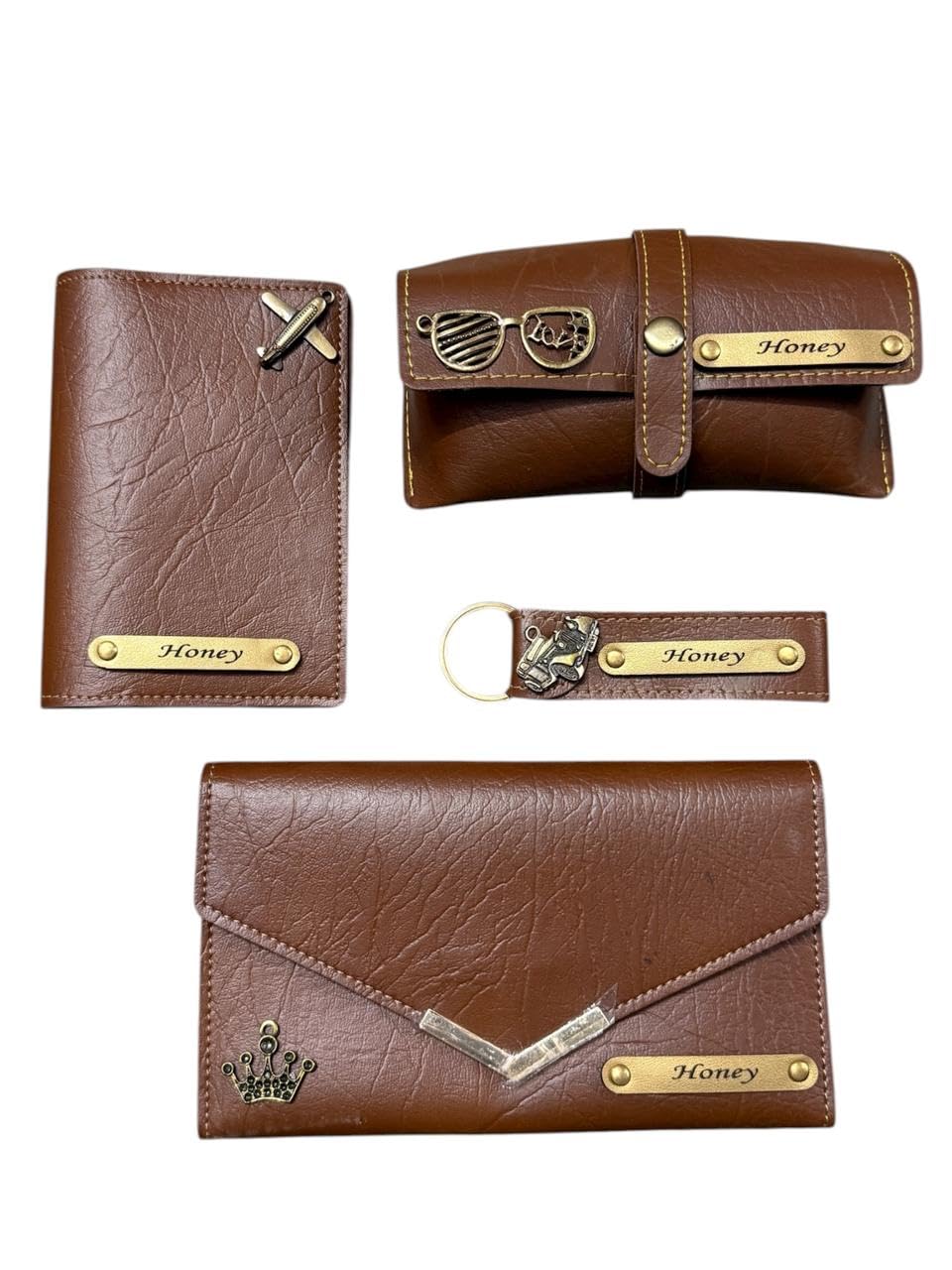 Customized Premium Leather Combo Gift for Women | Includes Personalized 3-Fold Wallet, Keychain, Sunglass Case, Passport Case with Name Charm | Ideal for Gifting and Personal Use | Tan-image-34