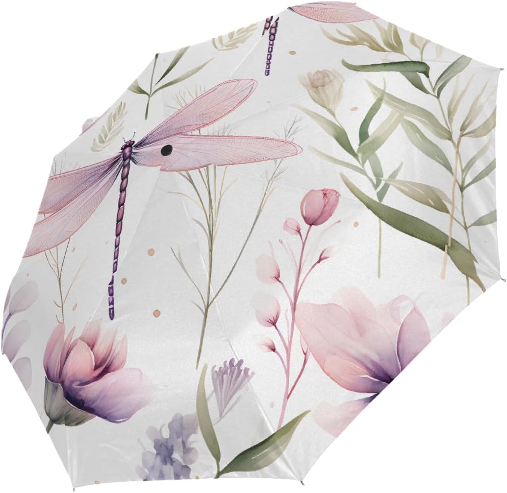 Travel Umbrella Compact Purple Flower Dragonfly Rain Umbrellas Portable Automatic Umbrella for Backpack