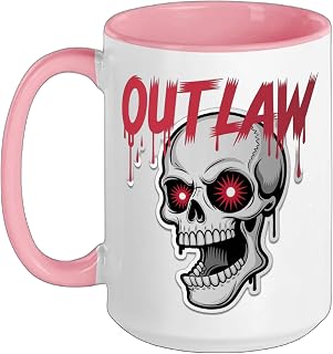 Outlaw Skull Red Star Eyes Gothic Retro Skull Ceramic Mug, Pink/White, 15oz