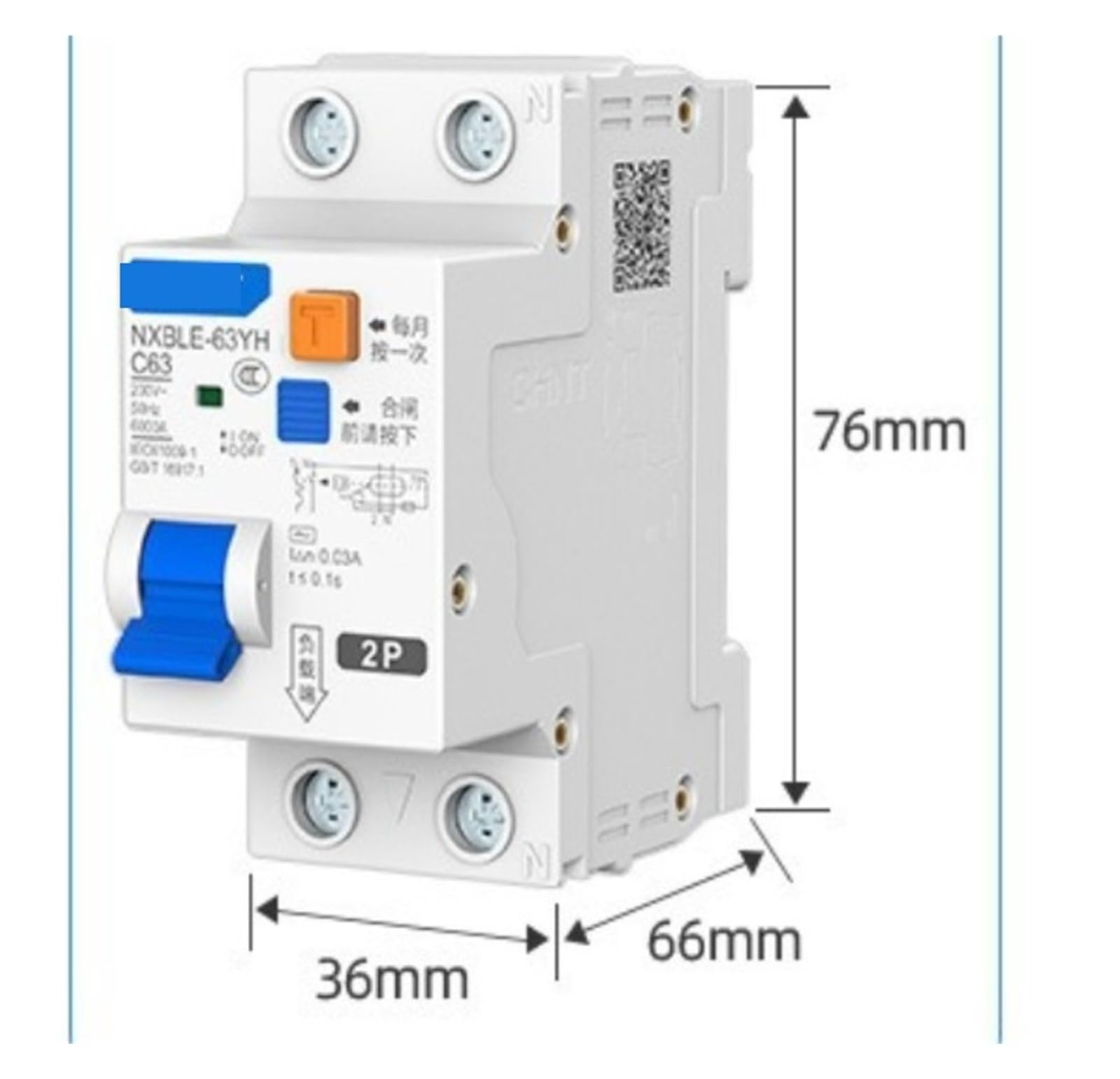 Disyuntor diferencial NXBLE-63yh 1PN 2P 30 mA con corriente residual, 10 A, 16 A, 20 A, 25 A, 32 A, 40 A y 50 A for riel DIN(1P N,10A)