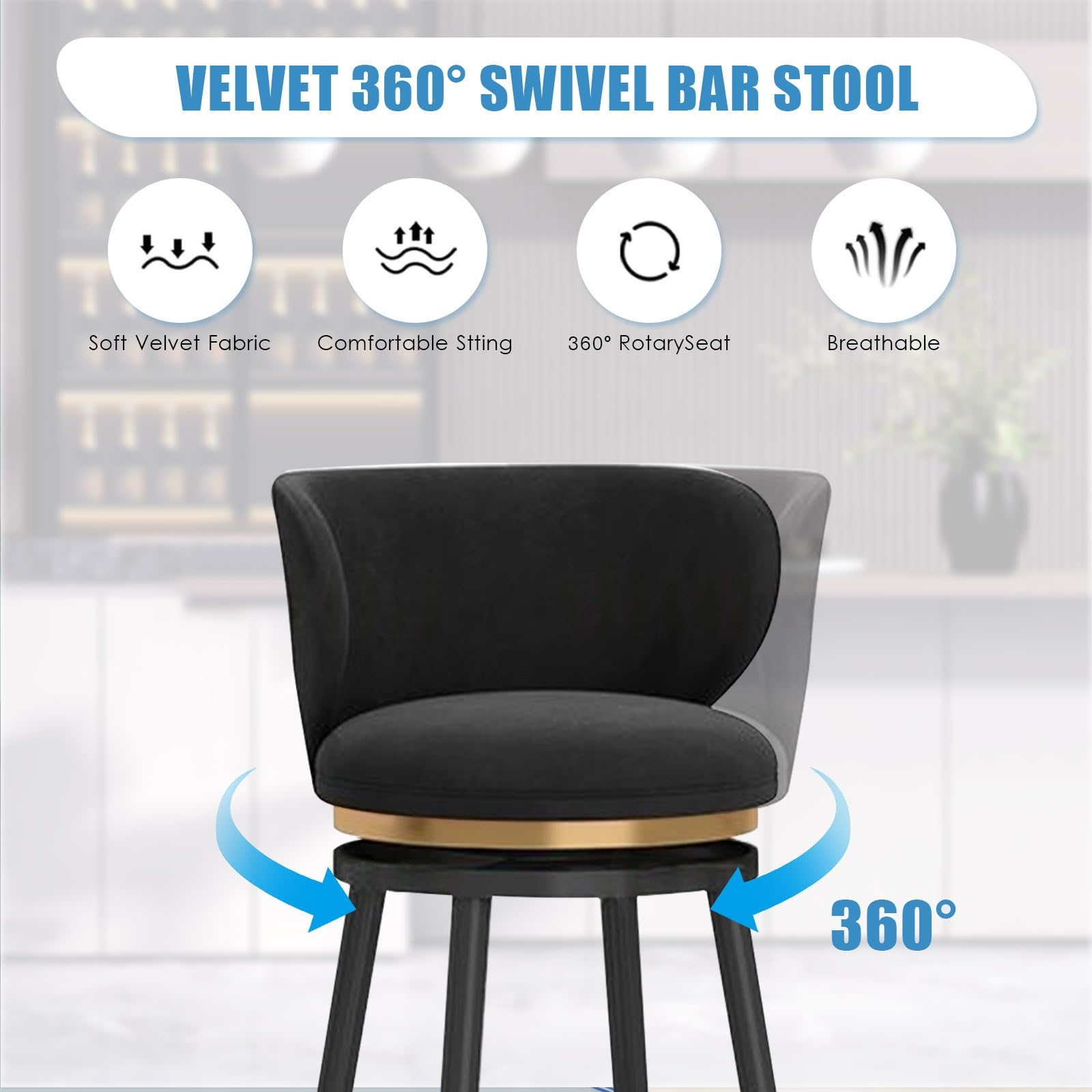 Set di 4 sgabelli da bar girevoli imbottiti in velluto con schienale, seggioloni da cucina, gambe in metallo, 75 cm / 29.5in, decorazione per la casa Slish (nero)