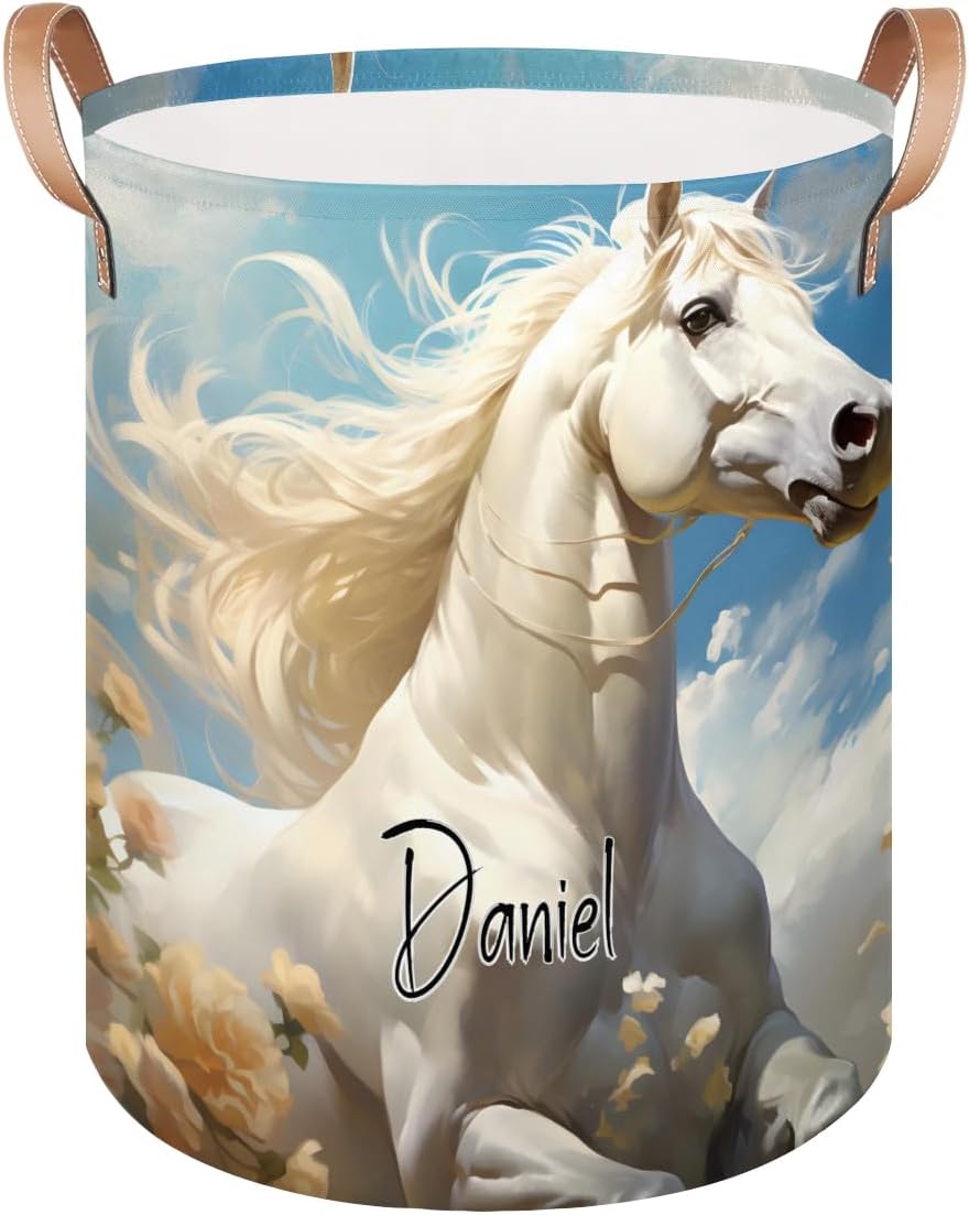 Custom-Laundry-Hamper with-Name Toy Organization Basket Foldable Clothes Storage-Basket for-Boys-Girls-Kids White Horse-Laundry-Basket with-Handle
