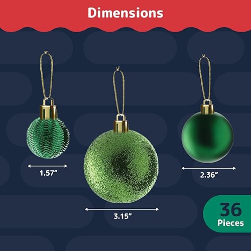 Miniatura 3 de Prextex - Juego de 36 Adornos Navideños Verdes - Bolas de Árbol de Navidad Inastillables, Decoración Festiva en 3 Tamaños y 6 Estilos con Lazos para