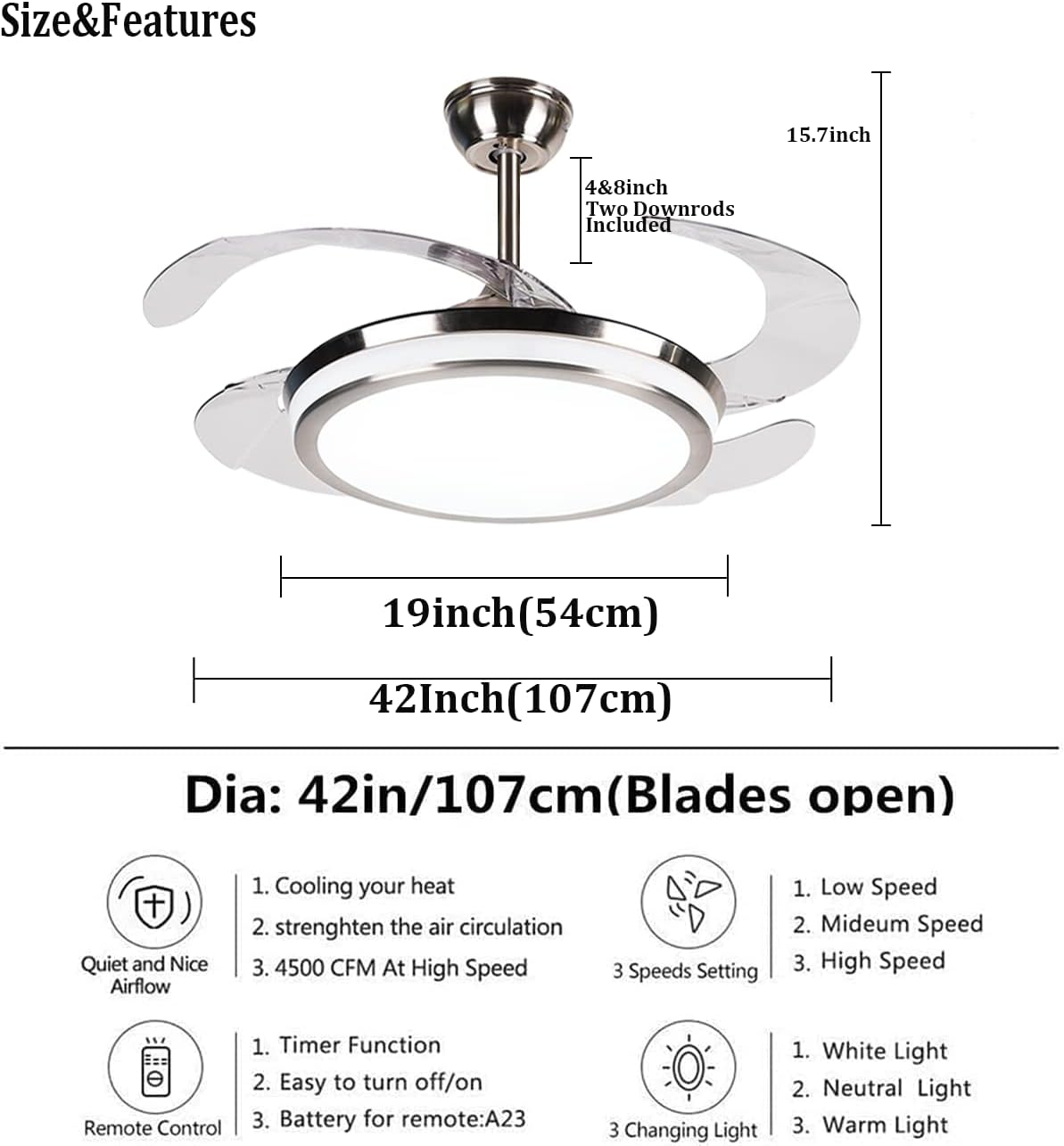 42 Inch Fandelier Ceiling Fan Light with Remote Control, Retractable Fan Blade Chandelier Fan with Silent Motor