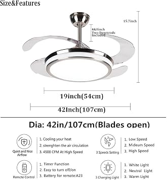 42 Inch Fandelier Ceiling Fan Light with Remote Control, Retractable Fan Blade Chandelier Fan with Silent Motor