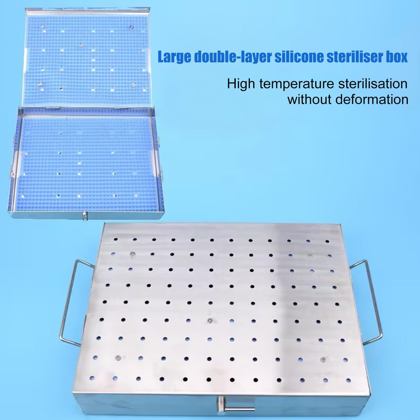 Vassoio di sterilizzazione con tappetino in silicone, scatola di immagazzinaggio del dispositivo medico dell'acciaio inossidabile, resistente alle alte temperature, per laboratorio, odontoiatria