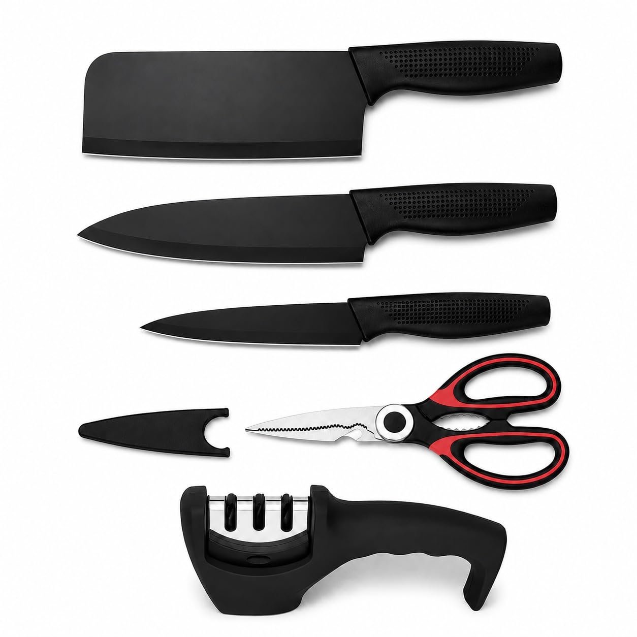 SNMMIFER 5-Piece Kitchen Knife Set with Cleaver, Chef Knife, Utility Knife, Multipurpose Kitchen Scissors,Knife Cover & 3-Stage Knife Sharpener | Stainless Steel Cutting Combo Set (Black Combo)