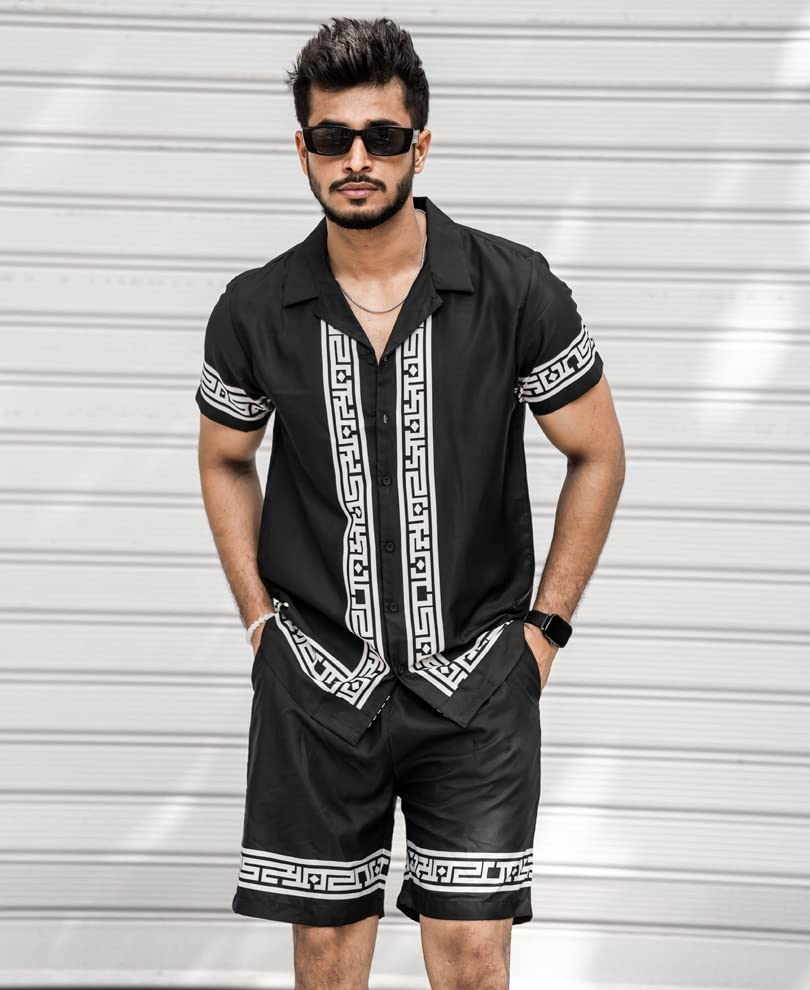 Image of Men's Poly Lycra Digital Printed Shirts with Pajama Shorts Night Suit Set