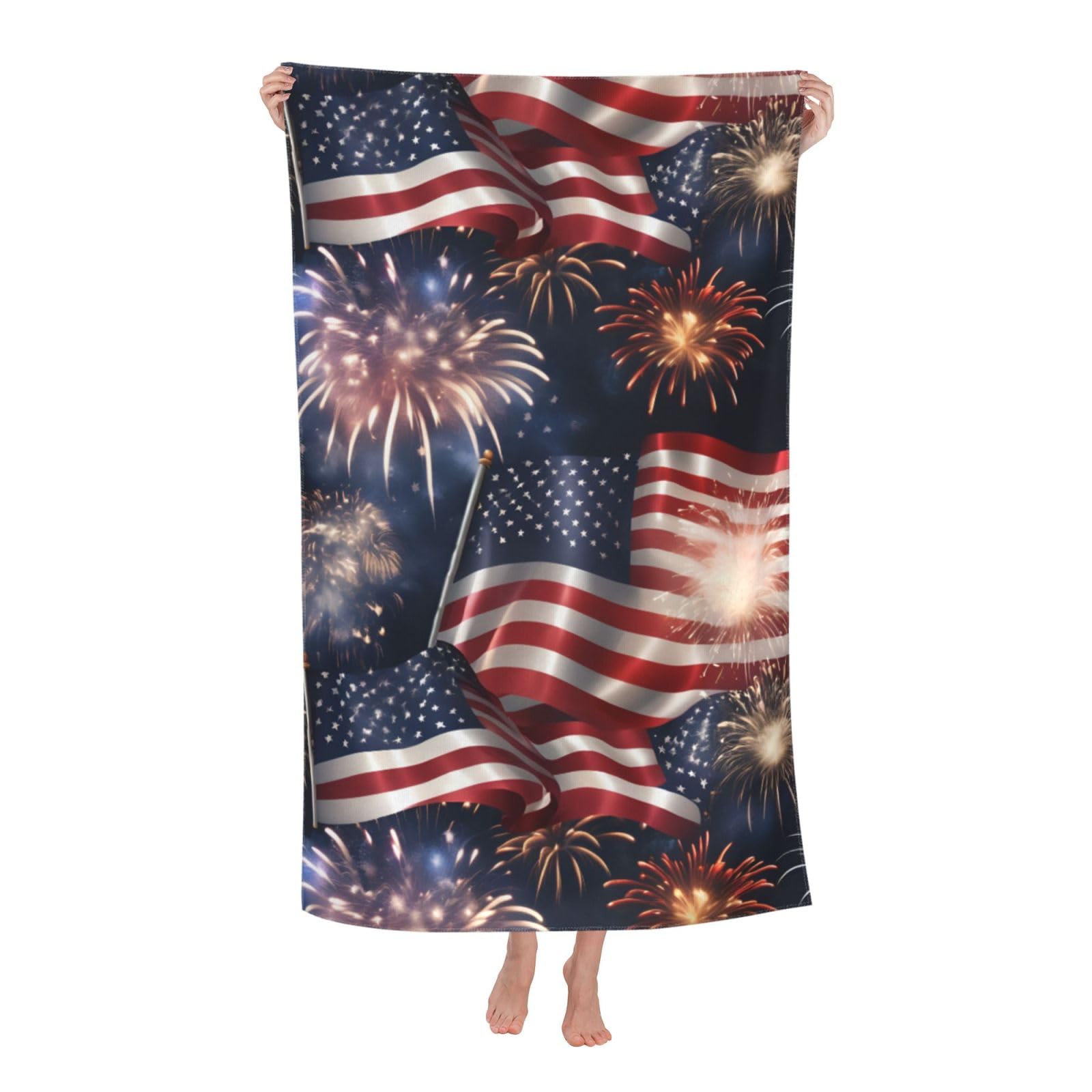 Pojknbv White Patriotic 4Th Of July American Flag Print Oversized Adult Beach Towel Quick-Dry Comfortable Lightweight Travel Pool Camping