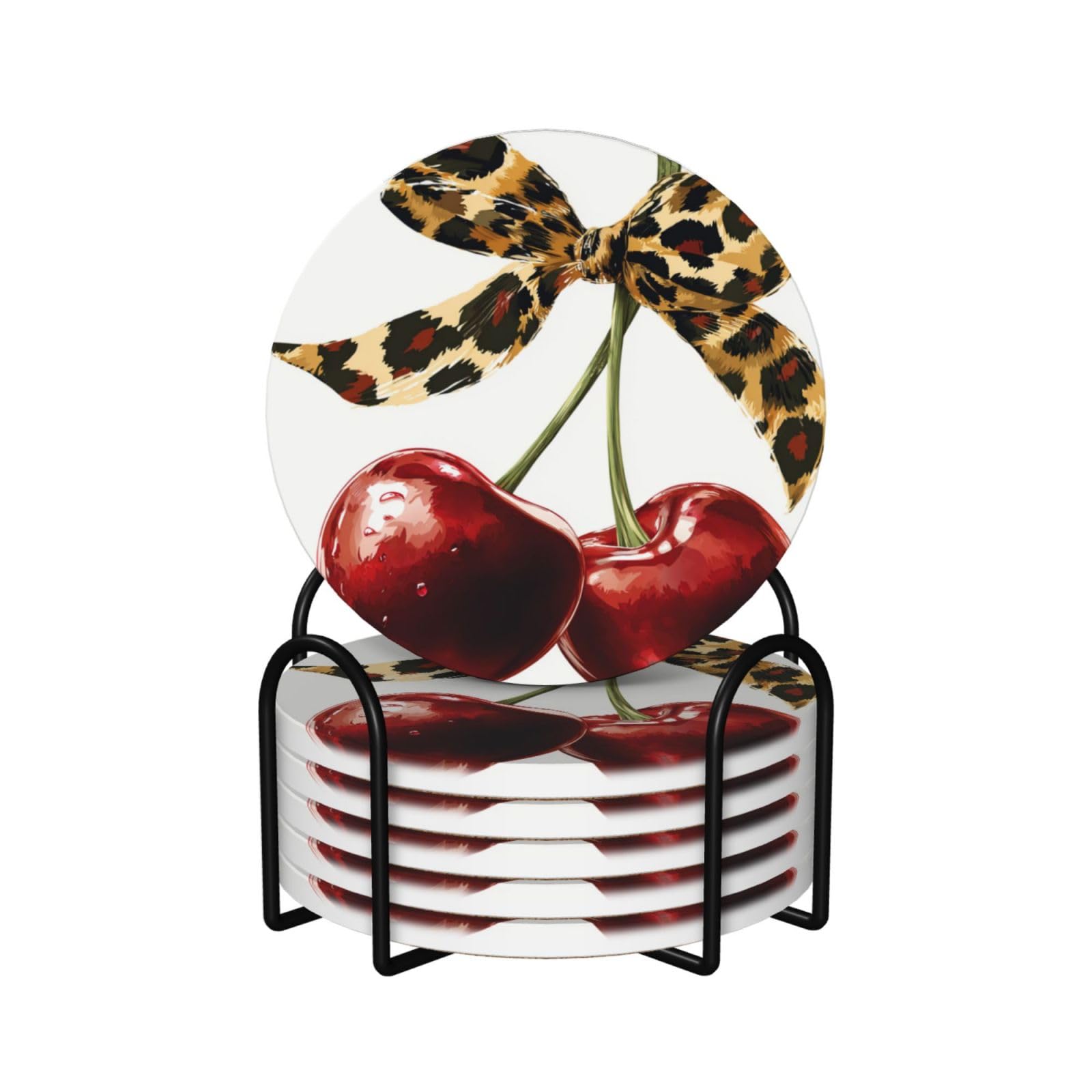 Red Cherries with Leopard Print Ribbon Bow Ceramic Coasters with Holder 6ps