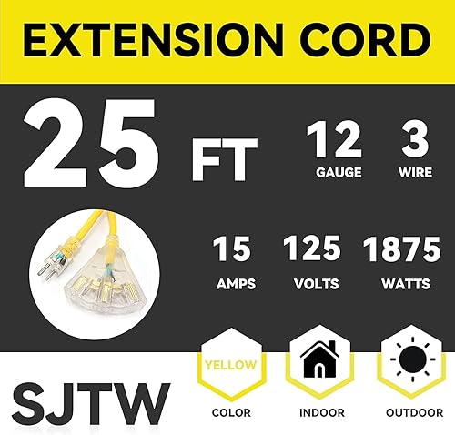 Miniatura 2 de Cable de extensión iluminado para exteriores de 25 pies con 3 tomas de corriente eléctrica, cable de extensión amarillo resistente SJTW 123 con