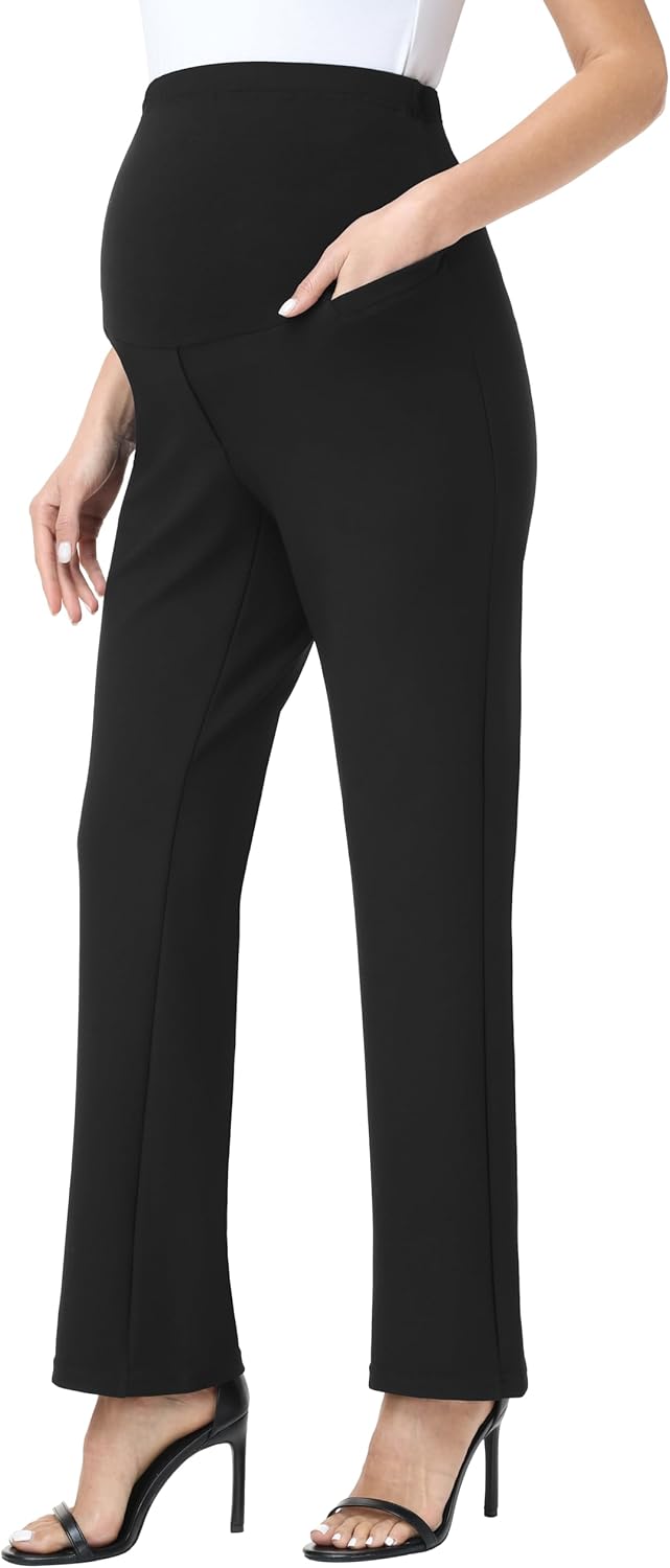 Women's Maternity Pants for Work Stretchy Straight Leg Casual Dress Pants Over Belly Pregnancy Office Clothes