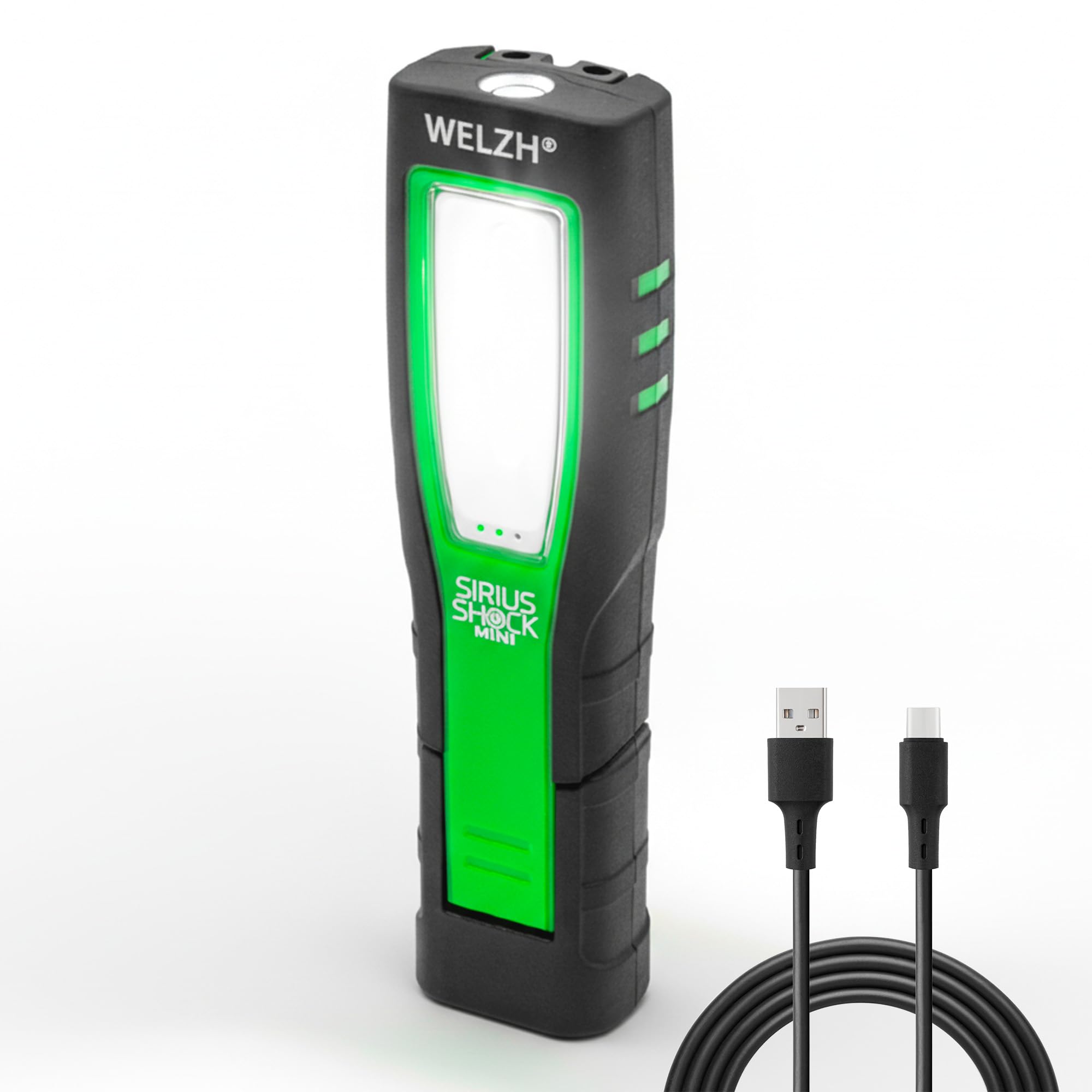 WELZH Mini-Sirius Rechargeable LED Inspection Lamp Green 600lm COB 150lm Eco 120lm Top Light USB-C Charging IP65 IK09 Workshop Light for Automotive Maintenance Under Bonnet Garage Portable 6099-WW