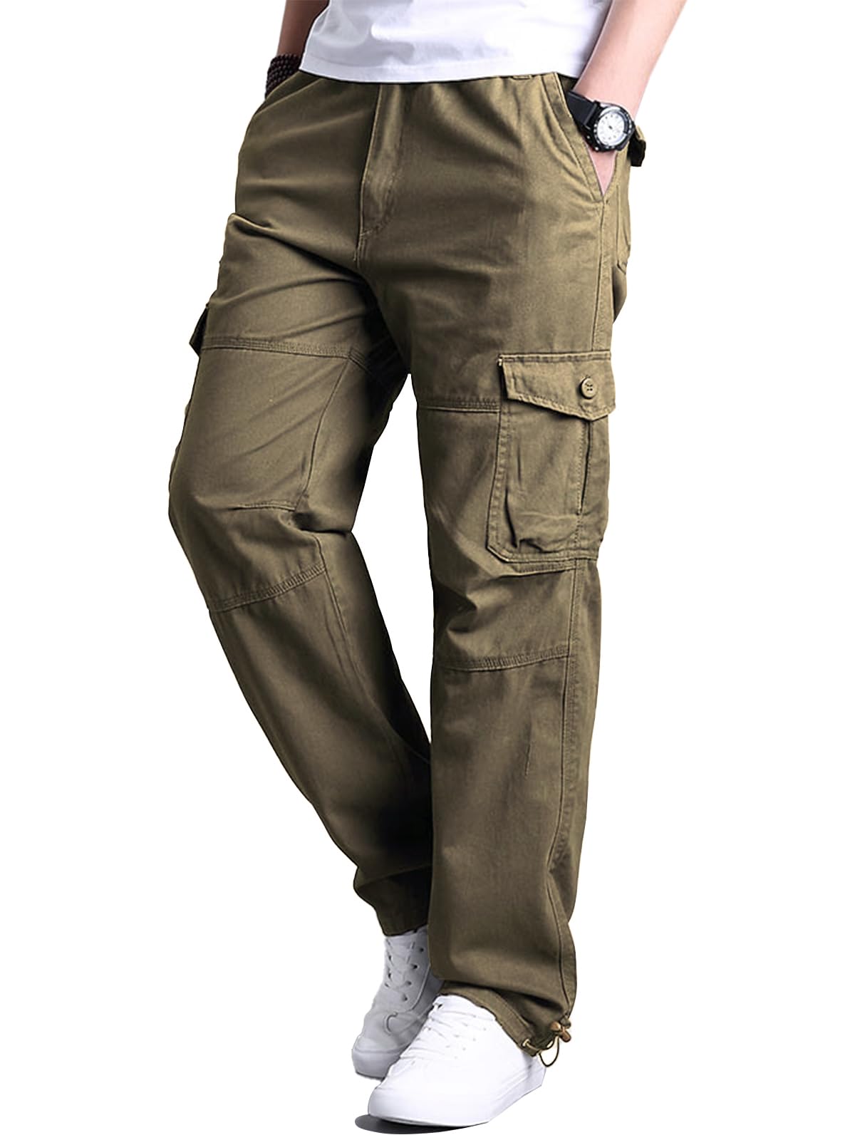 Pantalones cargo de algodón para hombre, pantalones cargo con 7 bolsillos, cintura elástica, pantalones casuales