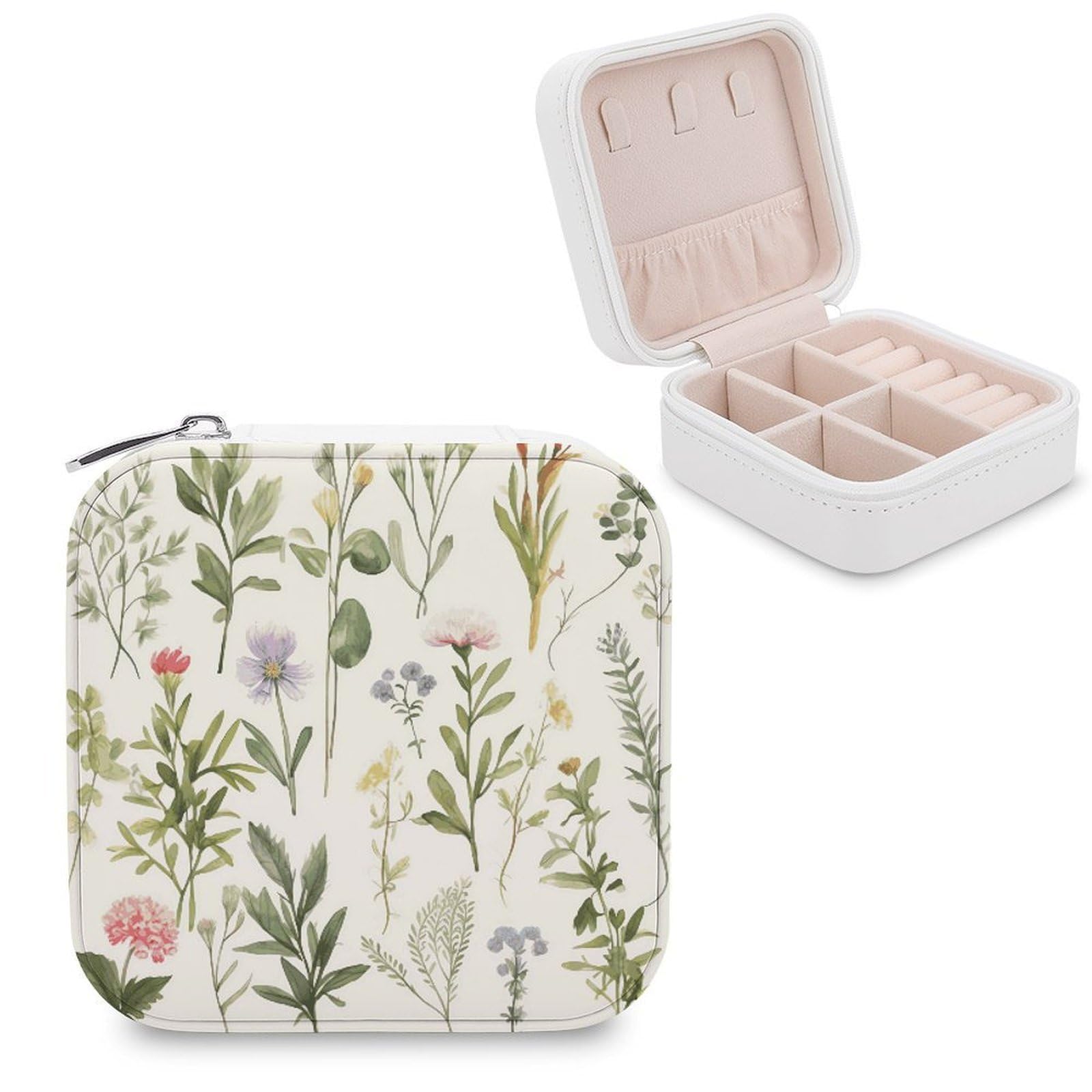 JTREHY Travel Season Watercolors of Herbs Flowersb Jewelry Case Portable Display Storage Box PU Leather Mini Jewelry Travel Case Personalized Travel Jewelry Organizer Small Jewelry Box for Women