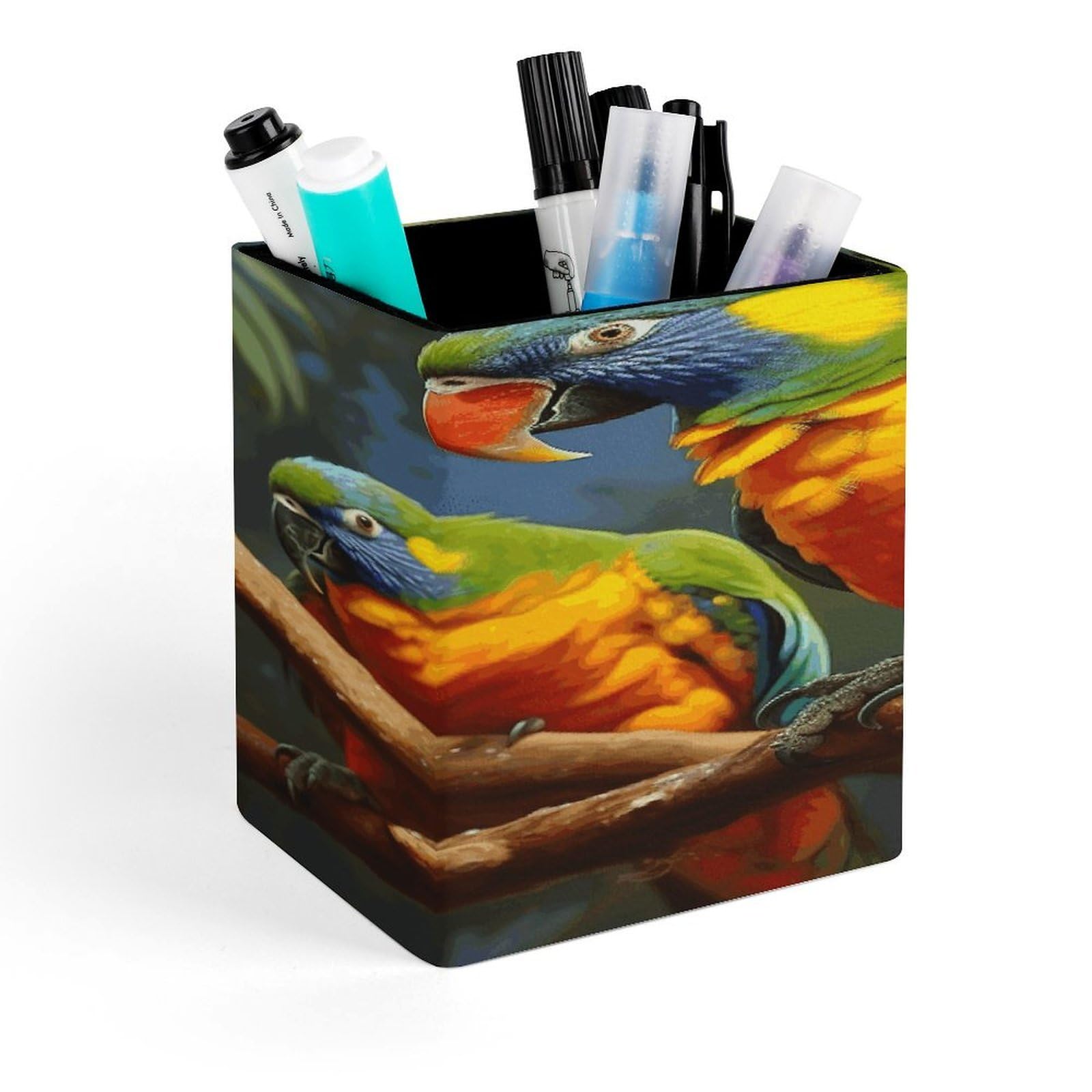 FekiLoot Bird Parrot Painting Pen Holder Personalized Desktop Pencil Holders Case Office Accessories Container Box for Square Pen Cup Desktop Organizer Makeup Brush Holder Caddy Storage