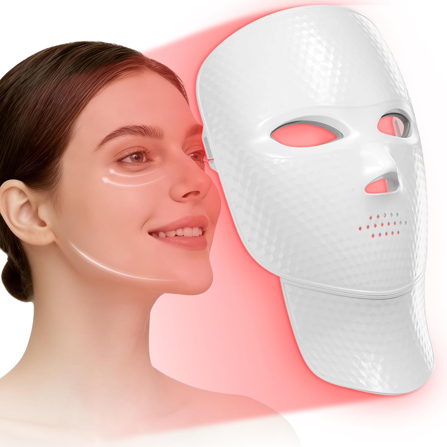 Facego Red Light Mask for Face and Neck, 7-1 Colors Red Light Face and Neck Mask for Women At Home, Cordless, Portable and Rechargeable, White
