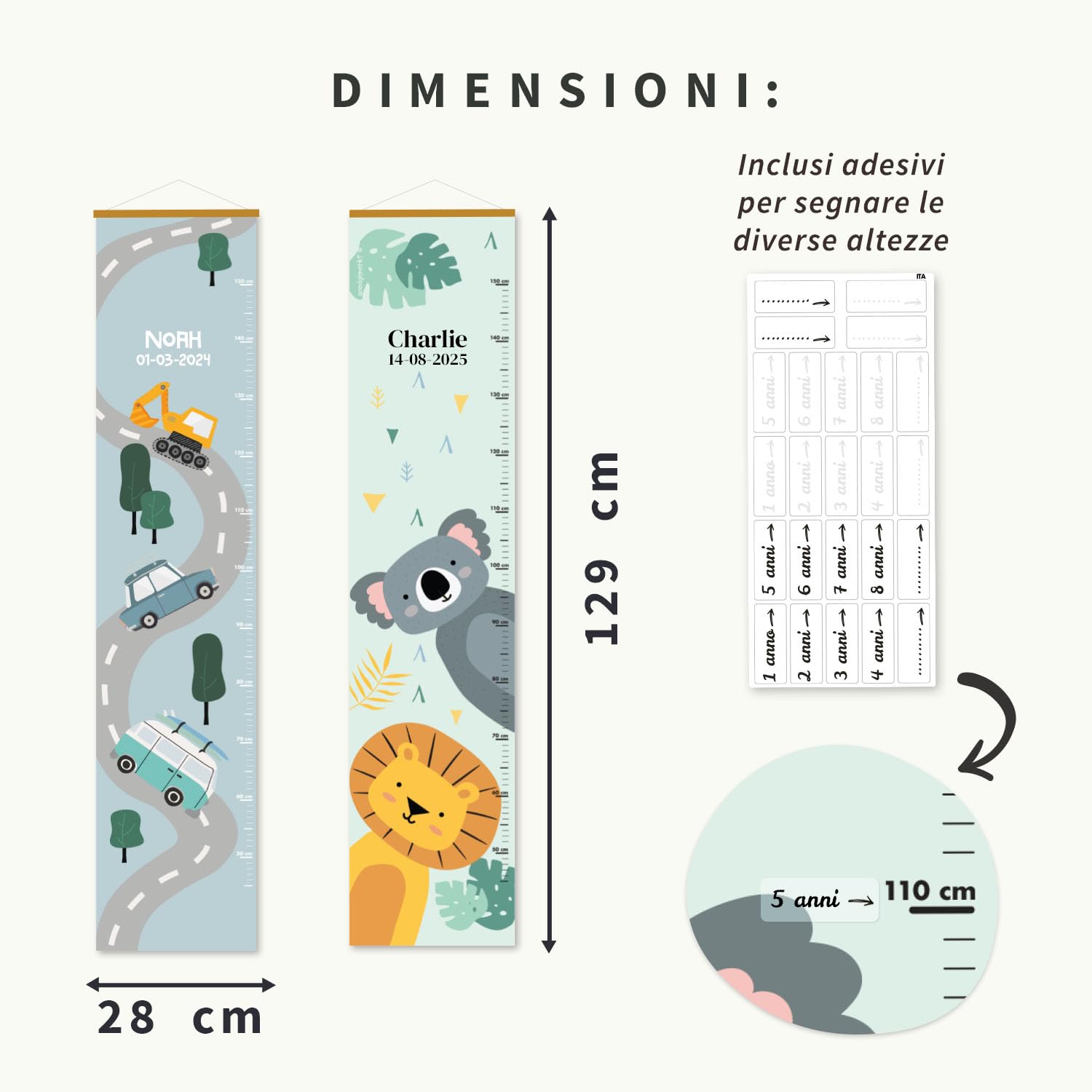Metro crescita bimbi personalizzato con nome e data nascita decorazione cameretta 129x28 cm Mare