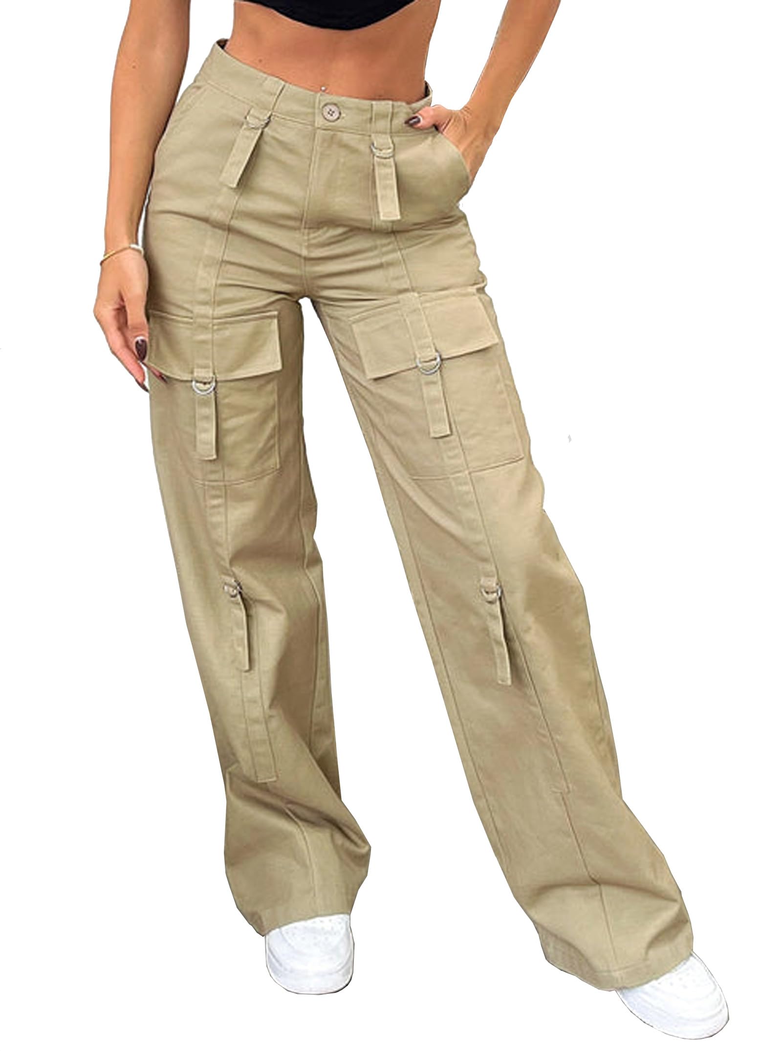 Womens Low Waist Cargo Pants Baggy Jeans Wide Leg Casual Trendy Streetwear Grunge Emo Clothes
