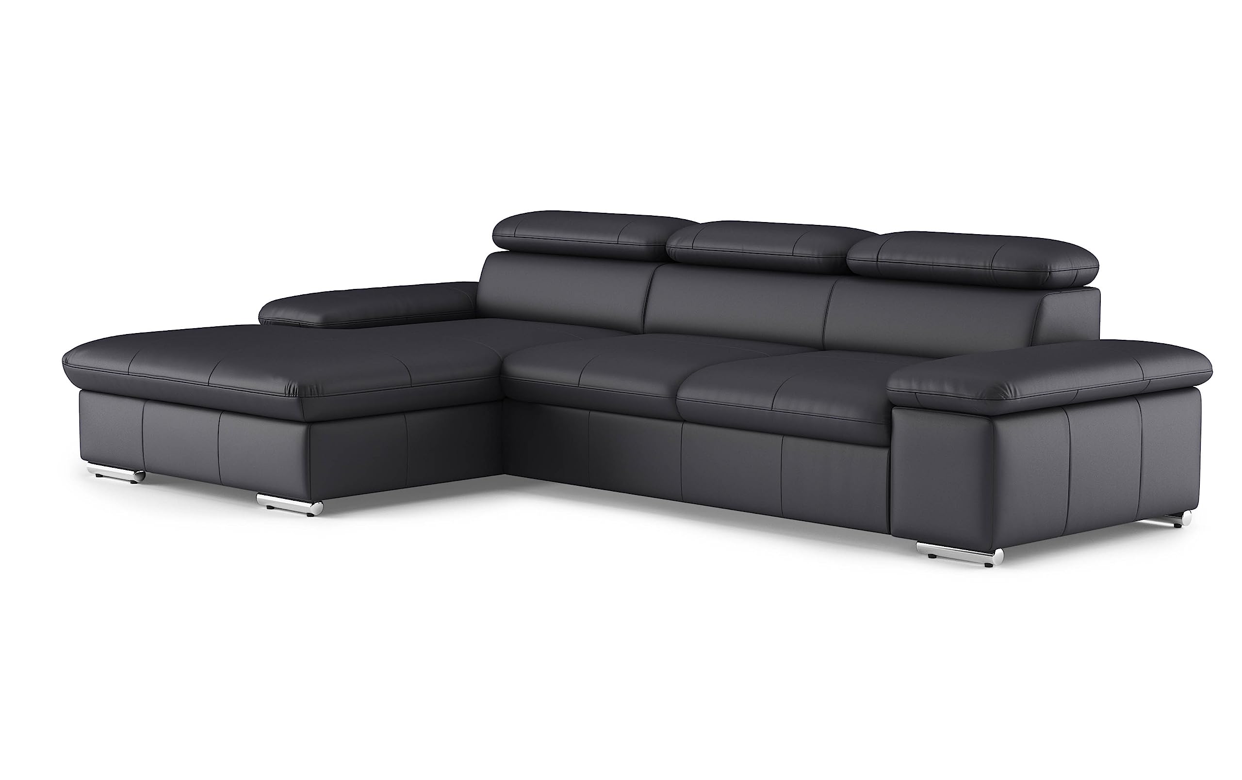 CAVADORE Echtleder-Eckcouch Valerie mit XL-Longchair / Ecksofa mit Kopfteilverstellung, großem Longchair + Metallfüßen / 286 x 73 x 174 / Leder Schwarz