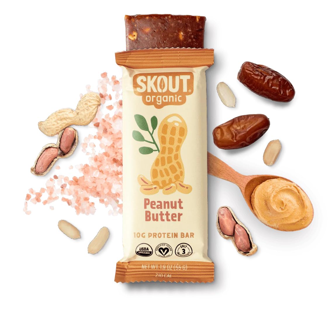 Skout Organic Plant-Based Protein Bars Peanut Butter (12 Pack) – 10g Protein – Vegan Protein Bars – Only 3 Ingredients – Easy Snack – Gluten, Dairy & Soy Free
