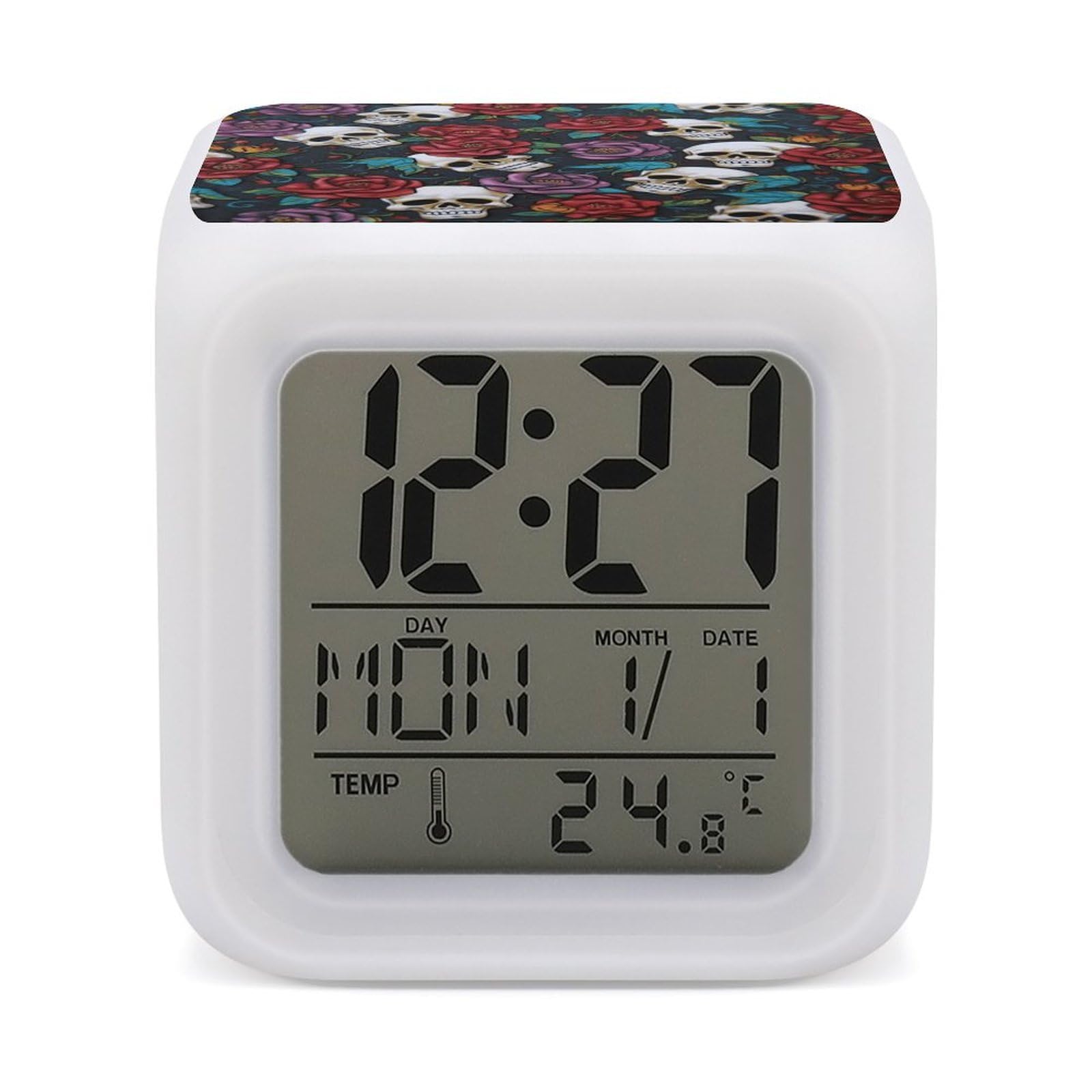 JTREHY 7 Color Changing LED Digital Alarm Clock,Sugar Skull Flowers Printed Wake-up Clock with Temperature Display Home Decoration Alarm Clock for Bedroom Office