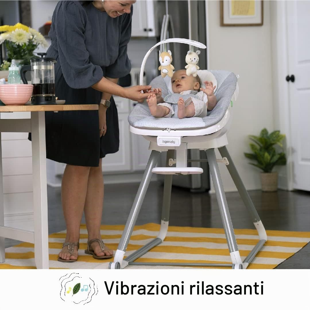 Ingenuity, seggiolone evolutivo Beanstalk 6-in-1, seggiolone alimentazione con vassoio rimovibile e seggiolino di rialzo per bambini con vibrazioni rilassanti e arco di gioco, 0-5 anni, Ray