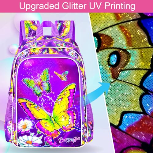 Image of 3Pcs Butterfly Backpack for Girls, 16 inch Kids Bookbag with Lunch Box，School Backpacks for Elementary Preschool Kindergarten (Purple)