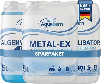 Algae Killer Pool Power 5L & Hardness Stabiliser 5L & Metal Ex 5L [Removes Algae Brown Water & Limescale Deposits] Protects Pool Technology Algaecide for Pool Made in Germany