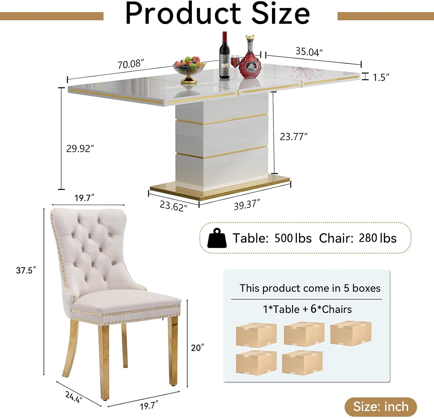 Yoluckea 70" High Glossy White Dining Table Set for 6, Modern Dining Room Table with 6 Beige Tufted Chairs, Luxury Wood Kitchen Table with Gold Steel Trim and Base, 7 Piece Dining Table Set