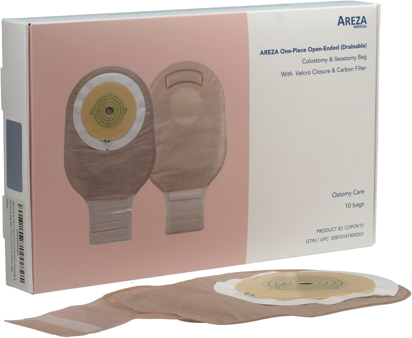 Areza Medical Colostomy & Ileostomy Bags – 10 PCS - One-Piece Drainable Ostomy Pouch with Hook Closure Tape, Carbon Filter – Ostomy Supplies for Comfort & Secure Leak Protection