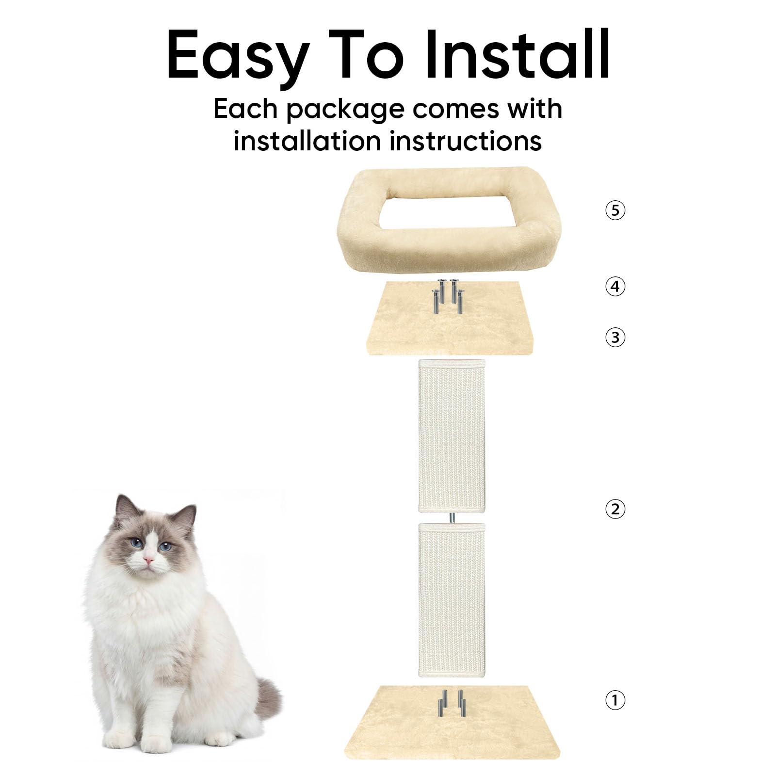Tiragraffi per gatti, 81,3 cm, con grande posatoio in peluche, tiragraffi in sisal e moquette, pali verticali con letto rialzato per gatti domestici, fodera rimovibile e lavabile, beige