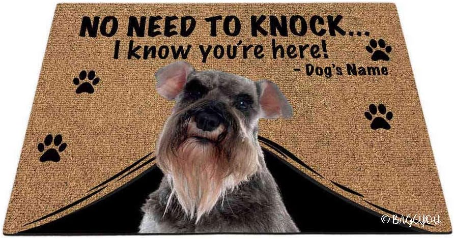 BAGEYOU Personalized Dog's Name Doormat with My Love Dog Gray Miniature Schnauzer Welcome Floor Mat No Need to Knock I Know You're Here 27.5 x 17.7