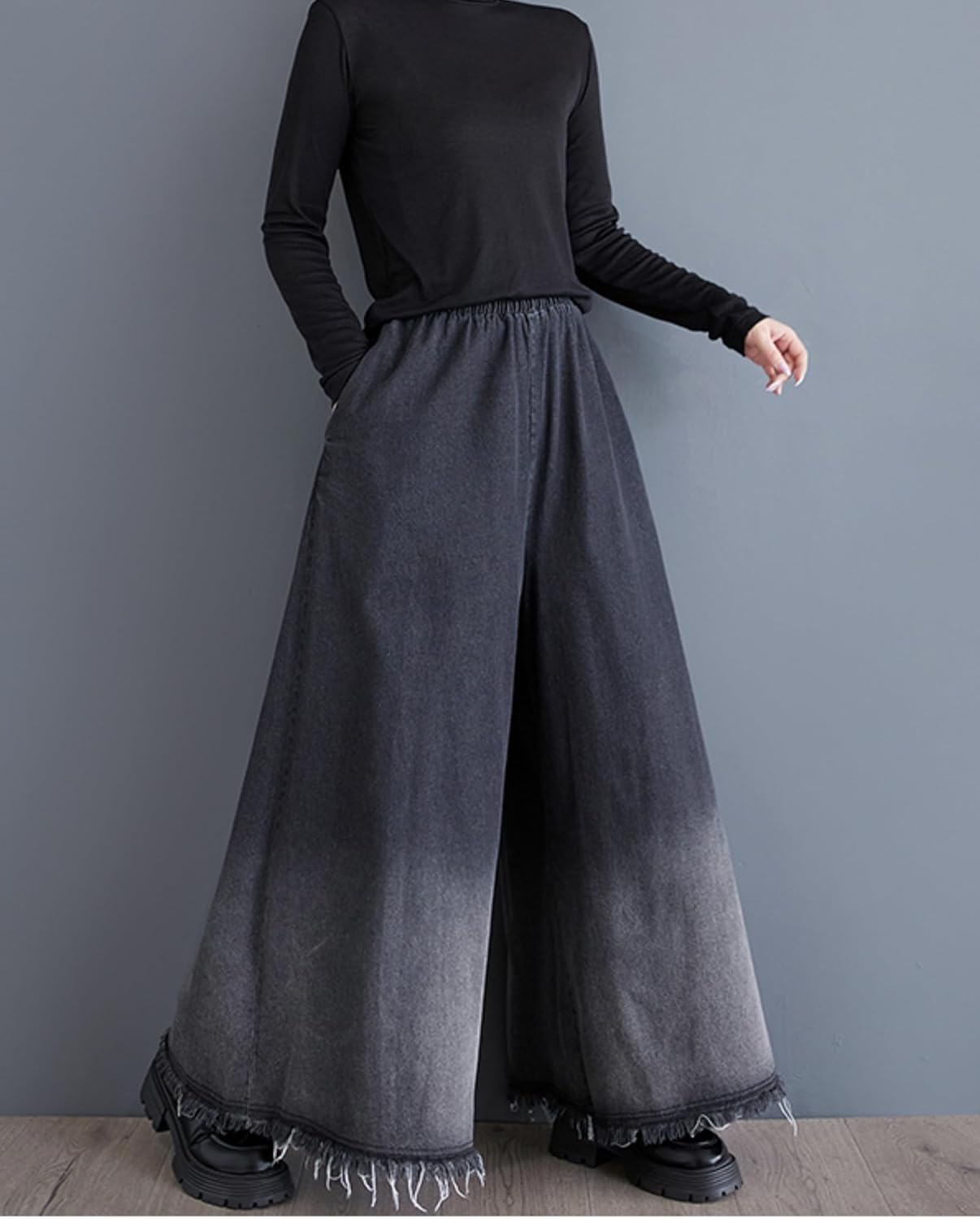 Women's Pants Elastic Waist Wide Leg Pockets Color Block Baggy Loose Oversize Trouser GZ315
