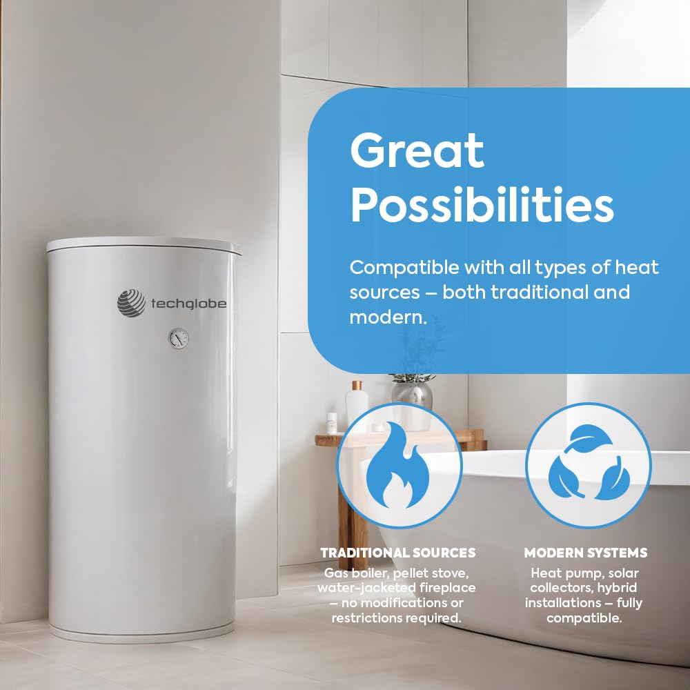 TECHGLOBE - Serbatoio tampone in acciaio inox ad alta efficienza energetica - con isolamento da 50 mm - Serbatoio tampone - Bollitore d'acqua (50 L)