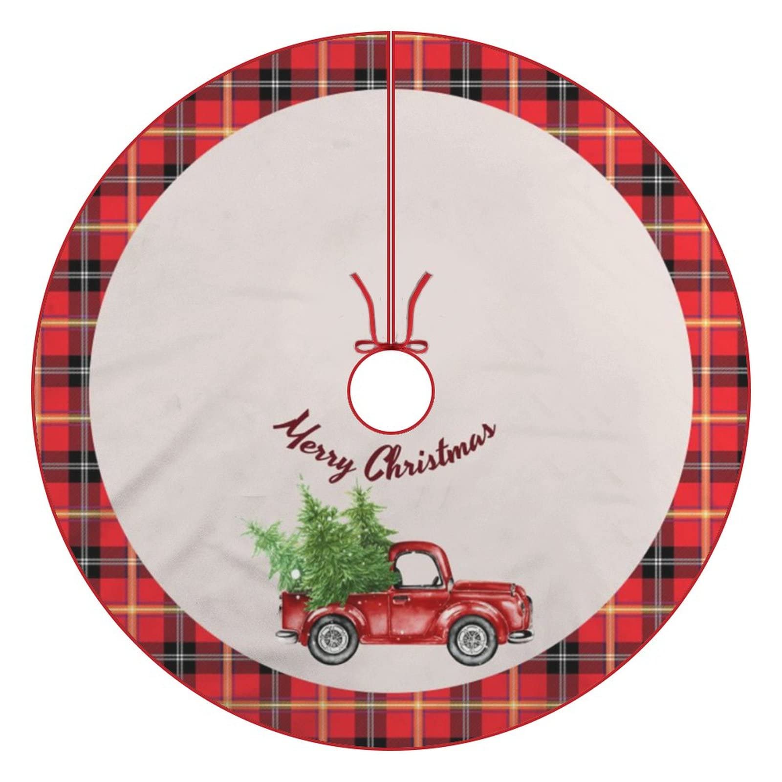 Red Truck Christmas Tree Skirt Buffalo Plaid Christmas Tree Mat Xmas Ornaments for Holiday Christmas Party Decorations