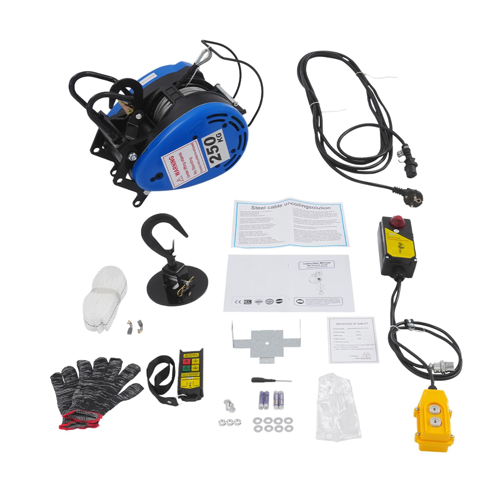 Elektrische Seilwinde 1500W 250kg Seilzug Seilhebezug Kettenzug Motorwinde mit Kabelloser Fernbedienung 100m, 30m Stahlseil Hubhöhe 29m Kupfermotor, IP40 Tragbar Hebezeuge Kabelsteuerung