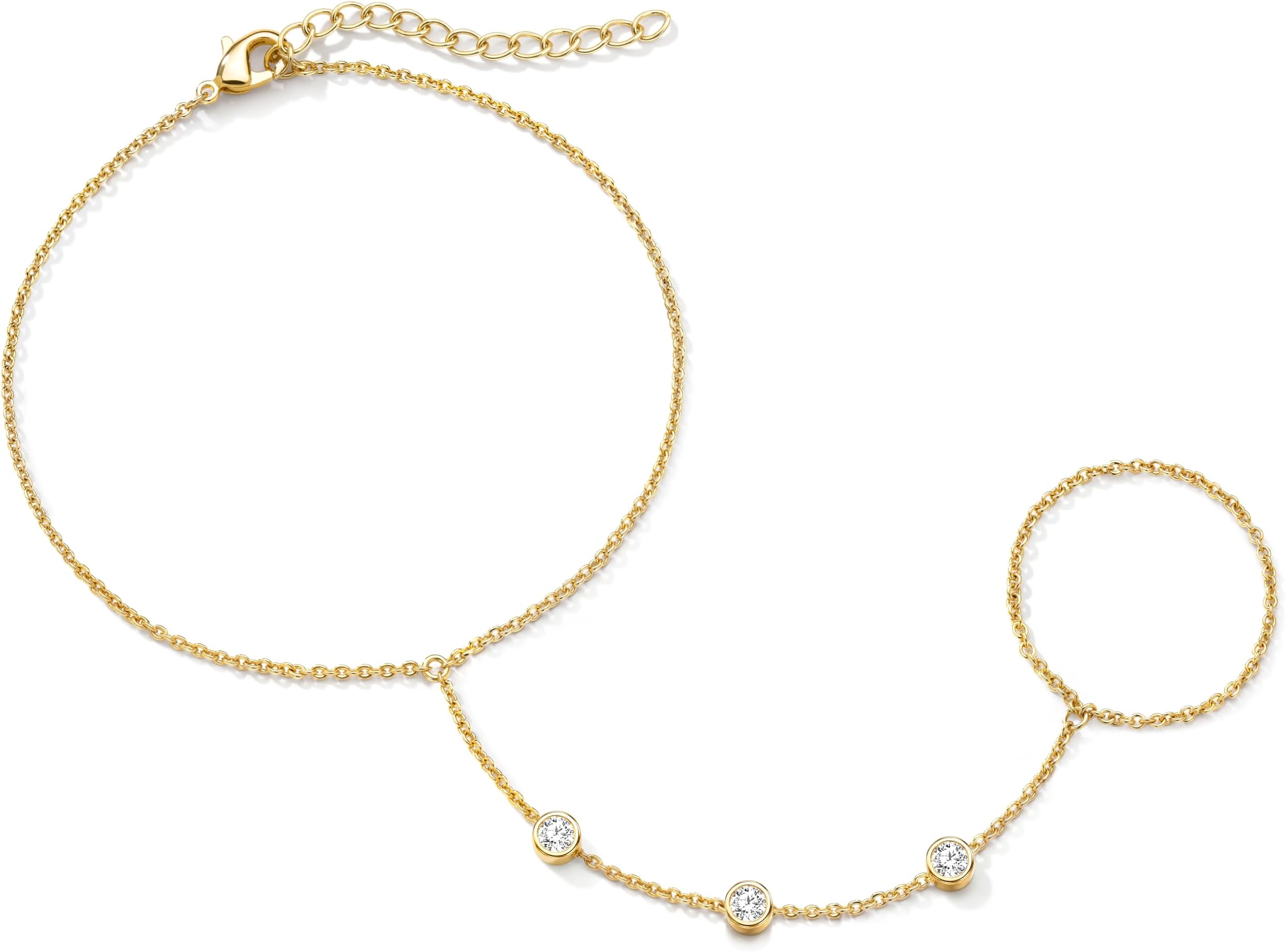 Gold Hand Chain Bracelet for Women Trendy, Dainty 14k Gold Plated Ring Bracelet Hand Chain Finger Ring Slave Cuff Bracelet Cubic Zircon Hand Jewelry for Women Accessories