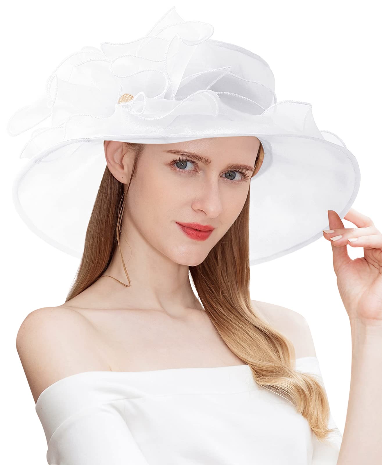 Ellydoor Women's 14White Derby Fascinator Hat Organza Church Wedding Hats Wide Brim Cocktail Tea Party Hat, One Size