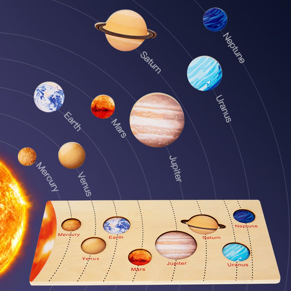 Drewniane puzzle Montessori Układ Słoneczny i Geografia, Gra dopasowująca planety, fazy Księżyca i kontynenty