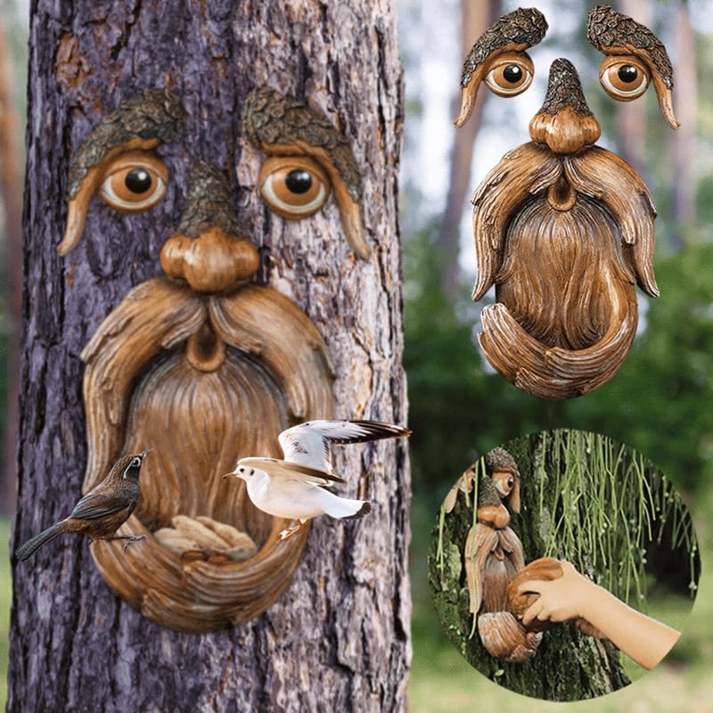 VERENIXTree Faces Decor Statues Tree Hugger Yard Art Garden Decoration Funny Old Man Tree Sculpture Unique Bird Feeders for Outdoors and Indoor Fairy Garden Accessories