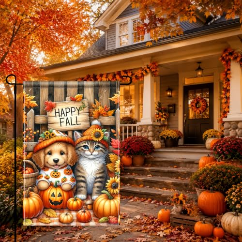 Image of Fall Thanksgiving Garden Flag, 12x18 Inch Dog Cat Pumpkin Yard Decor | Double-sided polyester with happy fall puppy and kitten artwork, adding cozy autumn charm to outdoor displays