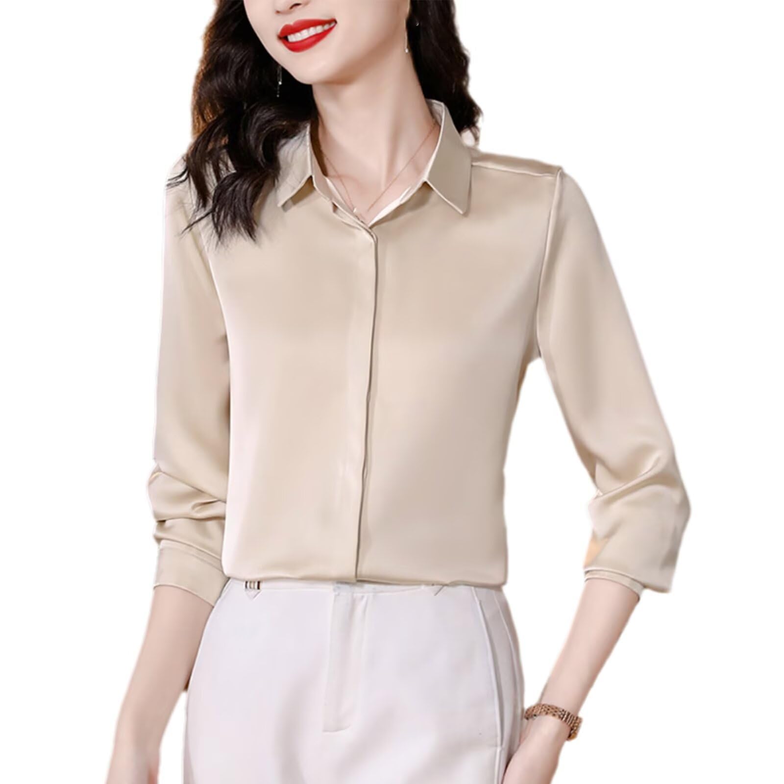Elegante Blusa de Seda Mujer Camisas Manga Larga de Oficina,100% Seda