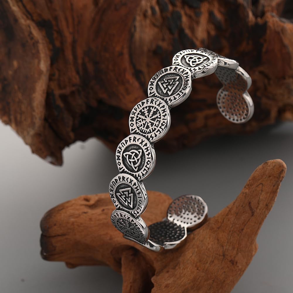TURTLEDOVE Viking Bangle Bracelet - Stainless Steel Viking Bangle with Vegvisir Triquetra Valknut - Celtic Pagan Jewelry
