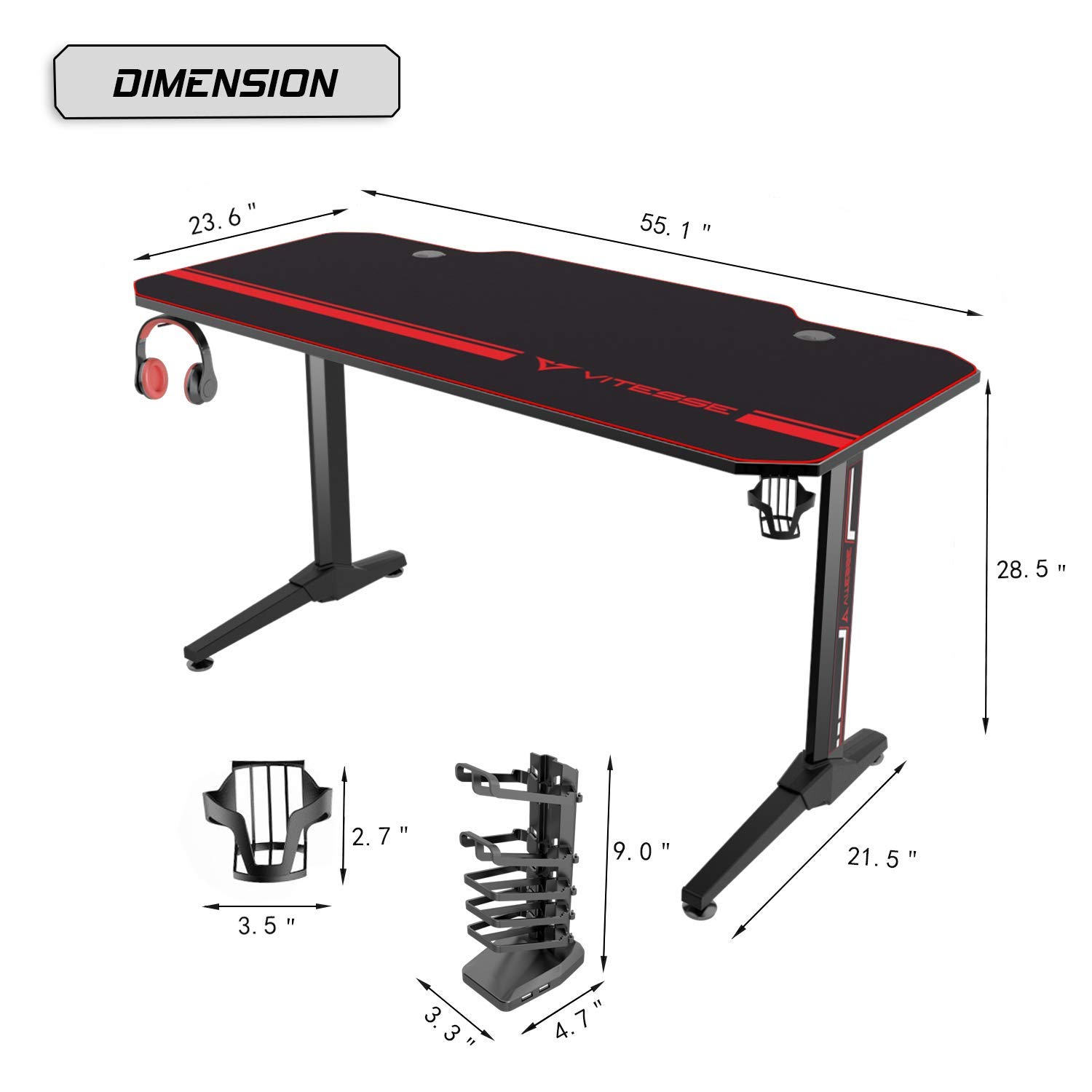 Vitesse 55 inch Gaming Desk, Gaming Computer Desk, PC Gaming Table, T