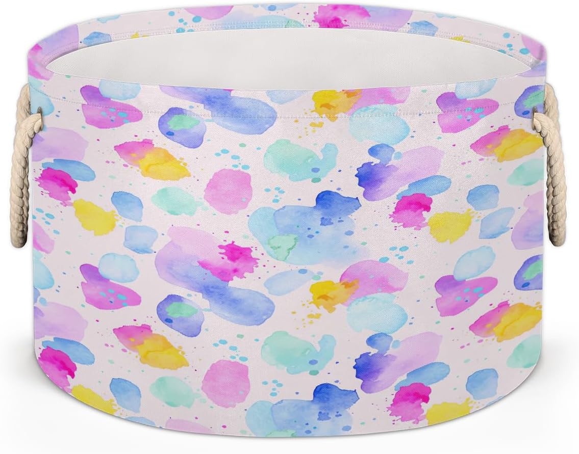 Large Storage Baskets - Pastel Watercolor Blot Nursery Round Collapsible Organizer Bin Box, Laundry Hamper for Kids Toys, Blanket, Bedroom Living Room Home Decor, Gift Basket, 19.4"x13.3"