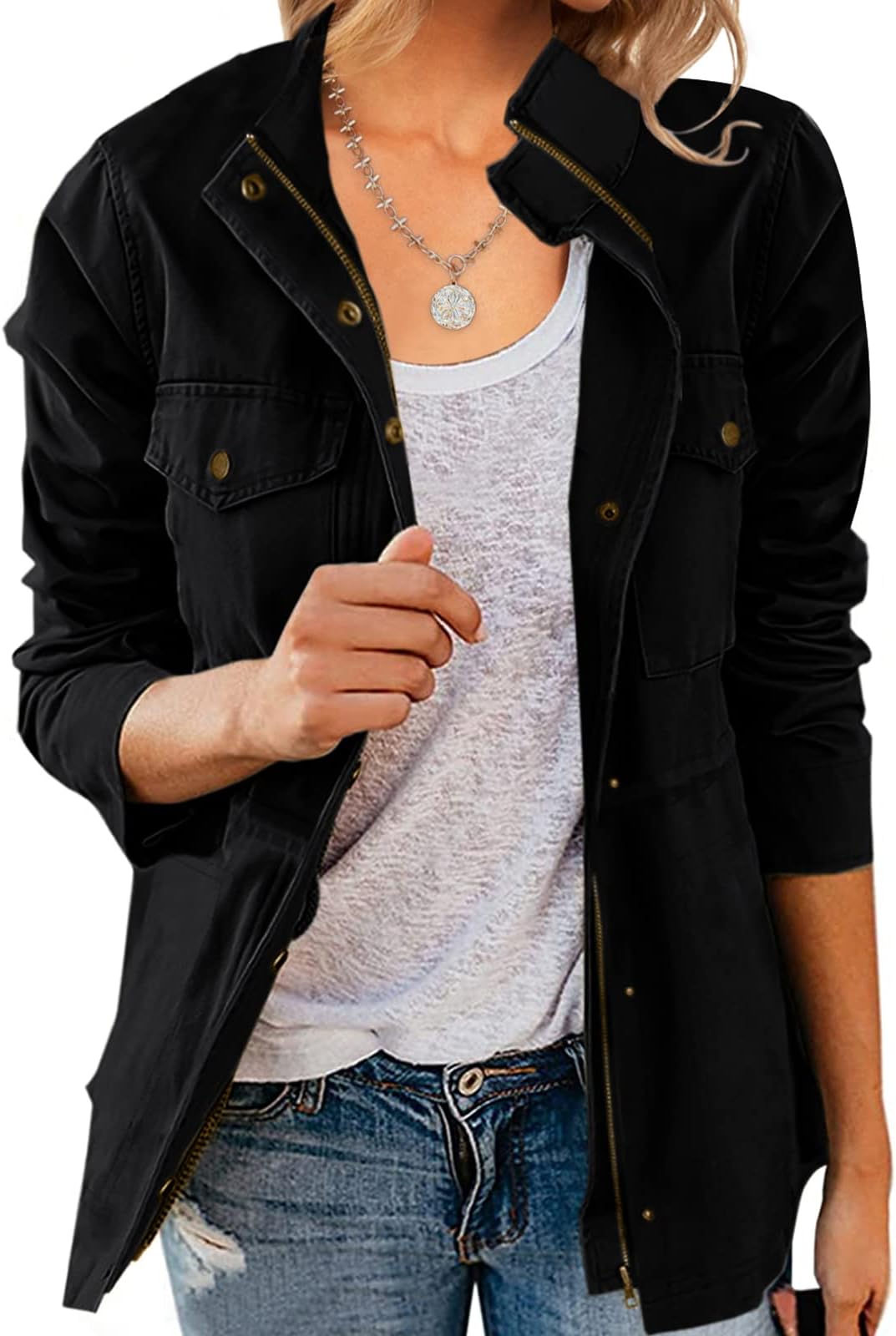 Chang YunJackets For Women Military Safari Utility Anorak Zip Up Snap Buttons Lightweight Drawstring Coat with Pockets